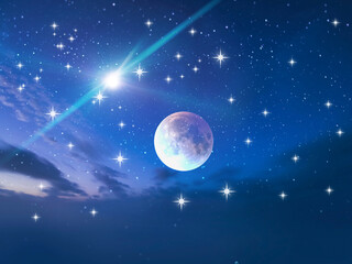 Wall Mural - big moon on dark blue lilac starry night bright star universe planet glowing light nebula milky way