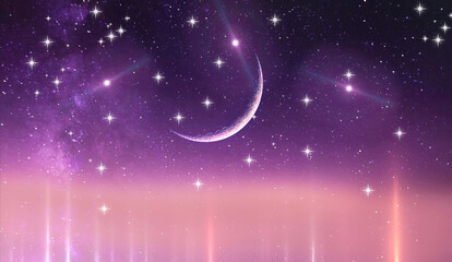 Wall Mural - big moon on dark blue lilac starry night bright star universe planet glowing light nebula milky way