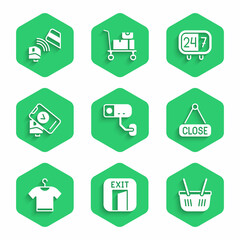 Poster - Set Security camera, Fire exit, Shopping basket, Hanging sign with Closed, T-shirt, POS terminal, Clock 24 hours and credit card icon. Vector