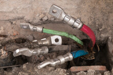 High Voltage Cable Wire Connectors Crimp For Electricity Distribution On Big Building Apartments On Construction Site. Electric Supply
