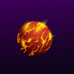 Poster - Outer space globe, burning planet in atmosphere with fire sparkles and lava magma isolated ui gui game user interface object. Vector planet far alien world, round comet meteoroid, magic sphere