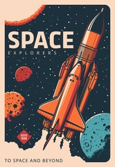 Poster - Spaceship in galaxy retro poster. Space exploration and research, solar system planets colonization mission, space program vector banner with shuttle spaceship flying in cosmos among stars and planets