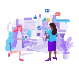 Aufkleber - Woman social media smartphone and building