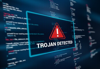 Aufkleber - Trojan detected warning alert message on computer screen. Hacking attack, spyware and malware software vector background, backdrop with program code line and red warning sign on computer screen