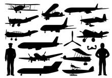 Airplane And Pilot Black Silhouettes, Vector Aircraft, Aviation And Air Travel. Vintage And Modern Planes, Aviator And Captain, Biplane, Jet Airliner, Monoplane And Seaplane, Propeller, Control Wheel
