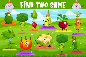 Leinwandbilder - Find two same yoga fitness cartoon vegetables, vector kids or tabletop riddle. Find and match correct spinach, avocado and cucumber on sport training or yoga exercise on field, board game puzzle