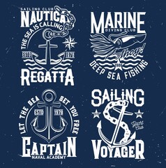 Tshirt prints with anchors and squid, regatta sea cruise vector emblems with ocean waves and typography on blue grunge background. Naval club team t shirt prints with armature, ocean marine journey