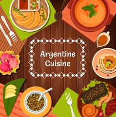 Sticker - Argentine restaurant menu cover with vector Argentinian cuisine food. Barbecue meat asado with chorizo sausages and pork, empanada pies, yerba mate and vegetable soup, dulce de leche and ice cream