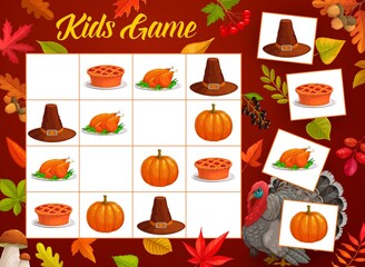 Poster - Thanksgiving sudoku, vector kids game with autumn leaves, pilgrim hat and pumpkin, pie and turkey. Block sudoku, logic puzzle game or children education maze on fallen leaves and acorns background