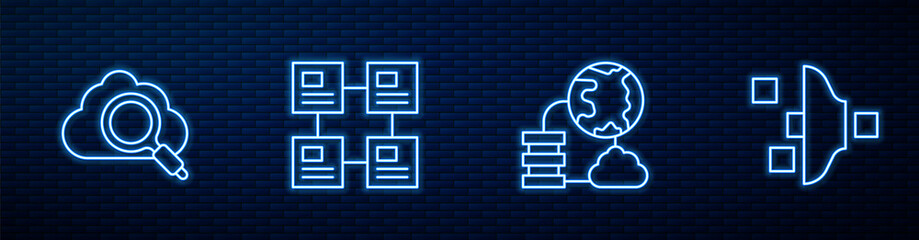 Poster - Set line Network cloud connection, Search computing, Hierarchy organogram chart and Filter setting. Glowing neon icon on brick wall. Vector