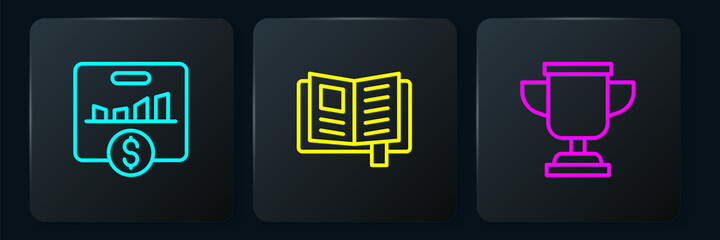 Poster - Set line Key performance indicator, Award cup and Reading book. Black square button. Vector