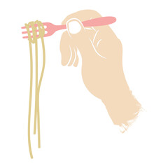 hand drawn human hand holding spaghetti with folk on white background.