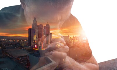 Wall Mural - Double exposure of a praying person and city with sky background.