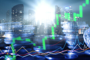 Wall Mural - Financial investment concept, Double exposure of stack of coins and city for finance investor, Forex trading market candlestick chart, Cryptocurrency Digital economy. investing growing.economy trends