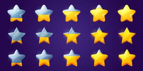Poster - Set of stars, game score elements from empty to full rows. Ui or gui rate yellow golden glossy assets for app user interface and display, winner achievement, bonus Cartoon vector illustration, icons