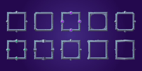 Poster - set of square ui game frames, textured medieval jagged metal borders. cartoon empty steel metallic b