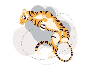 Funny tiger lies on its back on white isolated background. Bengal tiger is resting. Wild animals or cats of tropics. Endangered species of safari predators. 2022 Chinese New Year. Vector illustration