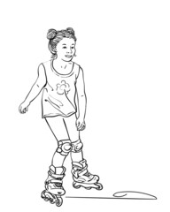 Sketch of cute girl with two hair buns is skating on rollers, Hand drawn vector linear illustration isolated on white background