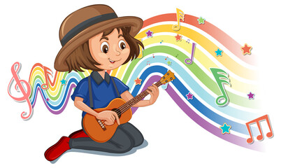 Poster - Girl playing guitar with melody symbols on rainbow wave