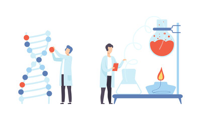 Poster - Man Research Scientist in Laboratory Coat Conducting Experiment with Chemical in Flask and DNA Vector Set