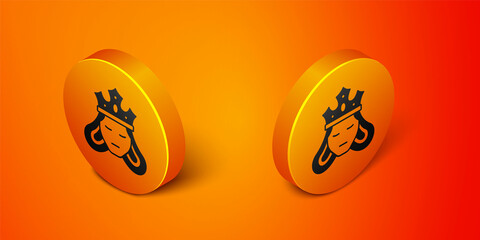 Sticker - Isometric Princess or queen wearing her crown icon isolated on orange background. Medieval lady. Orange circle button. Vector