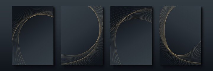 Aufkleber - Abstract minimalist poster collection with golden smooth thin ink lines on black background. luxury banner vector design. A4 size. Ideal for flyer, packaging, invitation, cover, business card.