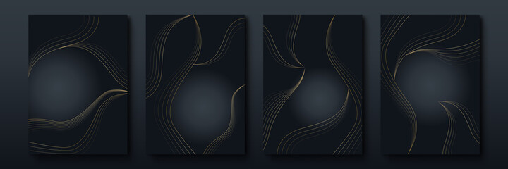 Wall Mural - Abstract minimalist poster collection with golden smooth thin ink lines on black background. luxury banner vector design. A4 size. Ideal for flyer, packaging, invitation, cover, business card.