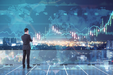 Wall Mural - Back view of young european businessperson standing on rooftop with forex chart, globe and night city view. Trade and stock concept. Double exposure.