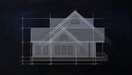 Poster - Creative house project blueprint on black background. Construction and plan concept. 3D Rendering.
