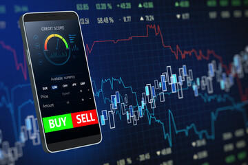 Poster - Close up of smartphone with forex chart and sell, buy buttons on dark background. Stock exchange, cryptocurrency, market and global fund information concept. 3D Rendering.