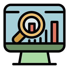Poster - Magnifier on the monitor icon. Outline magnifier on the monitor vector icon color flat isolated