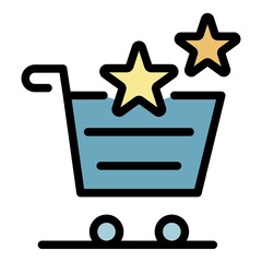 Poster - Shopping cart and stars icon. Outline shopping cart and stars vector icon color flat isolated