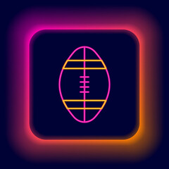 Sticker - Glowing neon line Rugby ball icon isolated on black background. Colorful outline concept. Vector