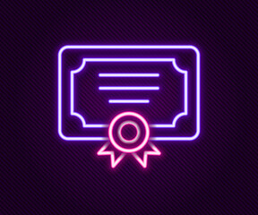 Sticker - Glowing neon line Certificate template icon isolated on black background. Achievement, award, degree, grant, diploma concepts. Colorful outline concept. Vector