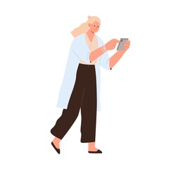 Wall Mural - Woman use mobile phone on go. Happy person walk with smartphone, surfing internet and social media. Female with cellphone during online chatting. Flat vector illustration isolated on white background