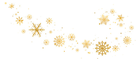 Wall Mural - Gold snowflakes wave on white background. Luxury Christmas garland border. Falling golden snowflakes with different ornament. Winter ornament for packaging, card, invitation, web. Vector illustration