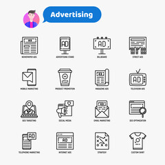 Wall Mural - Advertising thin line icons set: billboard, street ads, newspaper, magazine, product promotion, email, GEO targeting, social media, strategy, custom shirt, internet, banner. Vector illustration.