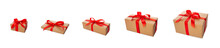 Beautiful Wrapped Gift Boxes With Red Ribbon On White Background. Set Of Presents For Christmas Or Valentine's Day. 