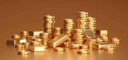 Gold money coin of finance business cash treasure or golden wealth pile currency financial bank symbol and earnings profit dollar stack on investment market 3d background with economy exchange rate.