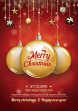 Merry Christmas Party And Gold Ball On Dark Background Invitation Theme Concept. Happy Holiday Greeting Banner And Card Design Template.