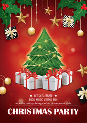 Invitation merry christmas red party poster banner and card design template. Happy holiday and new year tree and gift boxes theme concept..