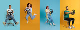 Emotional people with steering wheels on different color backgrounds, collage. Banner design