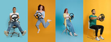 Emotional People With Steering Wheels On Different Color Backgrounds, Collage. Banner Design