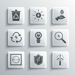 Poster - Set Shield with leaf, Wind turbine, Lightning bolt, bulb lightning, Electrical outlet, Battery recycle, Recycle and Plant hand icon. Vector