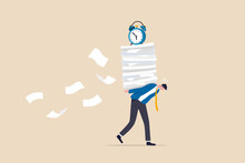 Workload And Aggressive Deadline Causing Exhaustion And Burnout, Overload Or Overworked Office Routine Concept, Tired Businessman Carrying Heavy Documents Paperwork With Alarm Clock Deadline On Top.