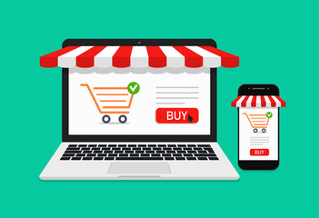 Poster - Store in laptop and mobile phone. Ecommerce in smartphone or computer. Online shop for sale and buy. Icon of web purchase with cart and cursor for retail product. Supermarket in screen. Vector