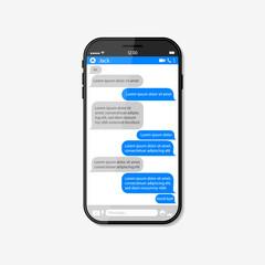 Poster - Chat text in phone screen. Message bubble with text on smartphone for online dialog. App of messenger with ui, button, profile. Social speech in cellphone. Realistic mockup for conversation. Vector.