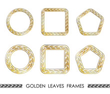 Set Of Golden LEAVES Round And Square Frames For Decorative Headers. Golden Floral Ornaments Isolated On White Background. Vector