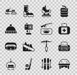 Canvas Print - Set Hockey helmet, Sport bag, First aid kit, Skates, Action camera, Winter hat, Snowmobile and fishing icon. Vector