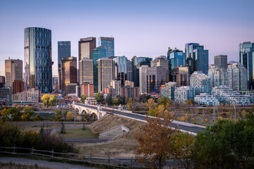 Sticker - View of Calgary city with its skyscrapers and beautiful sunrise in the background, Alberta, Canada